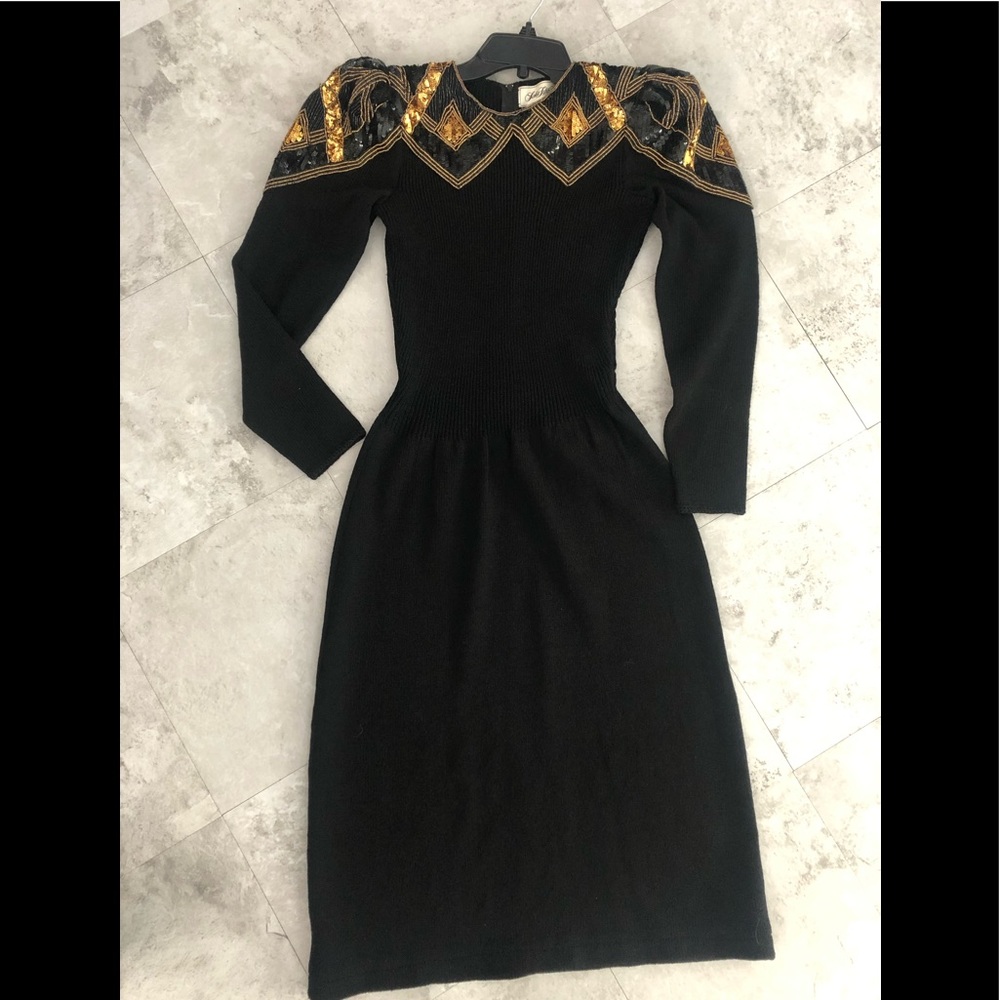 Saks  Fifth Avenue Pat Sandler black knit dress with gold and black beading.
